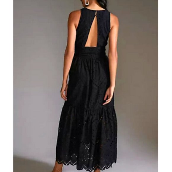 Anthropologie Maeve 6 NWT Eyelet Wrap Midi Dress Black $180 Pockets Cocktail - Picture 3 of 6